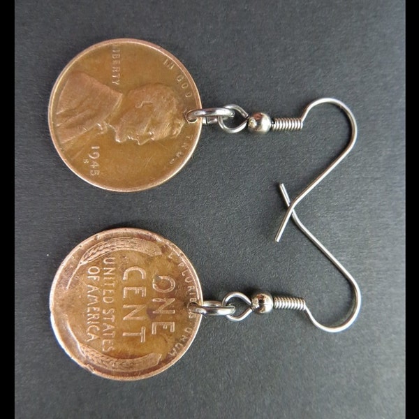 Classic Antique (1945 Vintage Charming LINCOLN Wheat Penny, 1c Copper Coin Earrings w/ Hypoallergenic Hooks) TRENDY, Fun Steampunk HARDWARE!