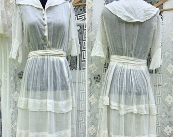 Antique 1910s Printed Cotton Day Dress Sailor Collar XS Small