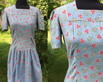 1930s 1940s Blue Skies Cotton Day Dress Feedsack Print Medium