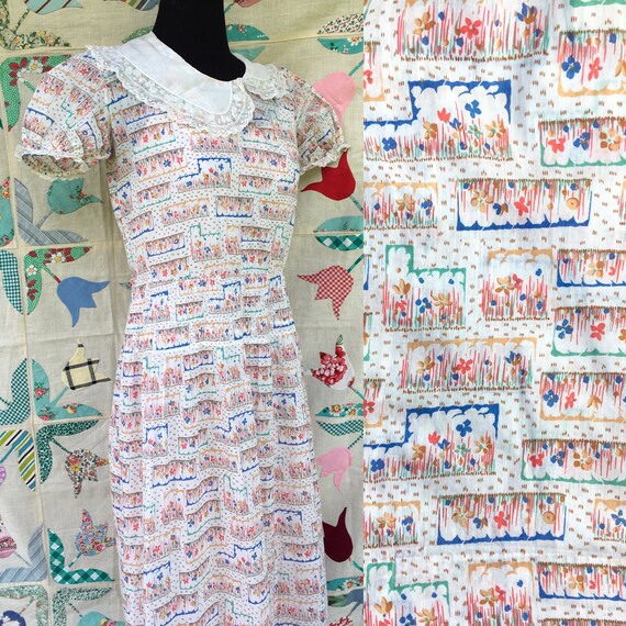 Early 1930s Printed Cotton Voile Day Dress Puff Sl