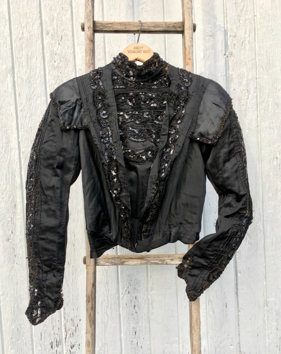Ornate 1900s Edwardian Black Silk Mourning Bodice