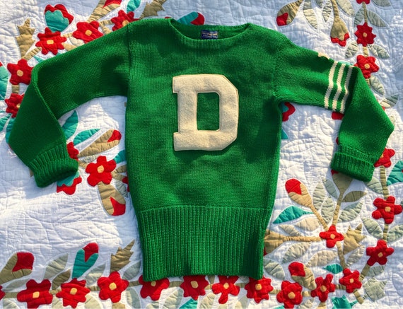 1940s 1950s Kelly Green "D" Pullover Letterman Swe
