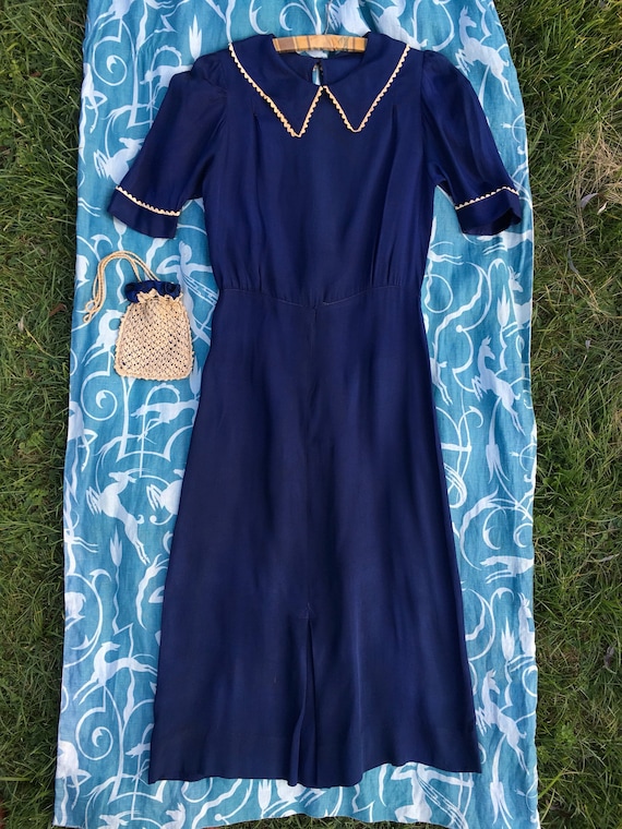 1930s Royal Blue Satin Tea Dress Puff Sleeves Ric