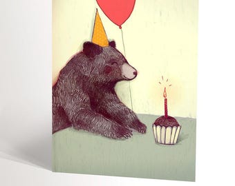 CARTE DE FÊTE avec une illustration d'ours et son gâteau d'anniversaire, carte d'anniversaire de 1 an, ours avec cupcake