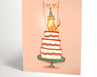 Funny BIRTHDAY CARD with an illustration of a cute red cat standing over layered cake with raspberries