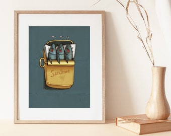 Three sardines in a metal box navy blue and gold illustration of fishes in a bed humor 3 hearts ocean sea 8'' X 10''