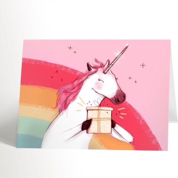 BIRTHDAY CARD with an illustration of a unicorn holding a gift, pink card with a rainbow for party, unicorn lover card