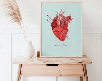 AFFICHE illustration d'un coeur tricoté en laine pour les amoureux du tricot, coeur rouge sur fond turquoise, 8'' x 10 et 12'' x 16''