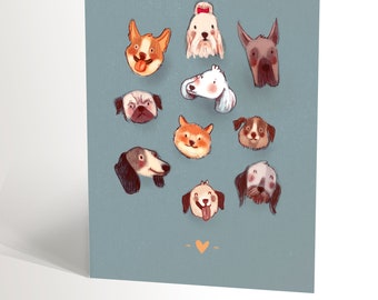 GREETING CARD with an illustration of many cute dogs birthday card for dog lovers pug dachshund poodle corgi great dane card