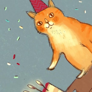 May include: A cartoon orange cat wearing a red and white party hat with a cake in the foreground. The cake has white icing and pink filling with lit candles.