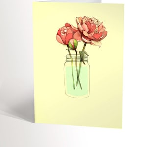 GREETING CARD with an illustration of pink peonies in a mason jar, vintage flowers bouquet mother day i love you card