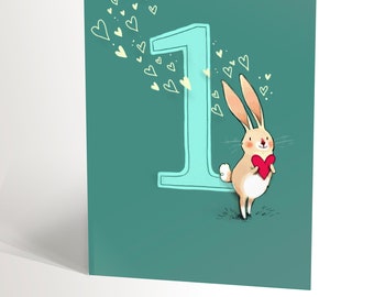 BIRTHDAY CARD for boy and girl first anniversary with an illustration of a cute bunny holding a heart, first anniversary card