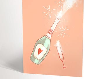 CARTE DE SOUHAIT avec une illustration de mousseux ou de champagne qui fait pop, bulles pour célébrations avec coeur