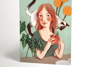 GREETING CARD with a portrait type illustration of a woman among her plants drinking coffee with a cat on her shoulder