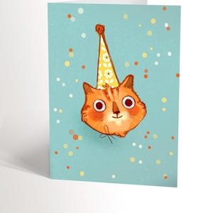CARTE DE SOUHAIT avec une illustration de chat surpris avec un chapeau de fête, carte anniversaire drôle pour amoureux des chats