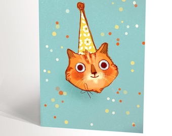 CARTE DE SOUHAIT avec une illustration de chat surpris avec un chapeau de fête, carte anniversaire drôle pour amoureux des chats