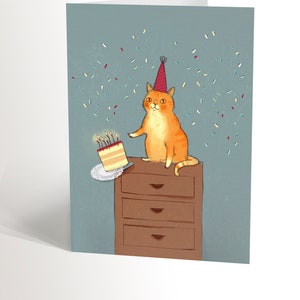 BIRTHDAY CARD with an illustration of a red cat pushing a birthday cake, cute funny card for cat lovers image 1