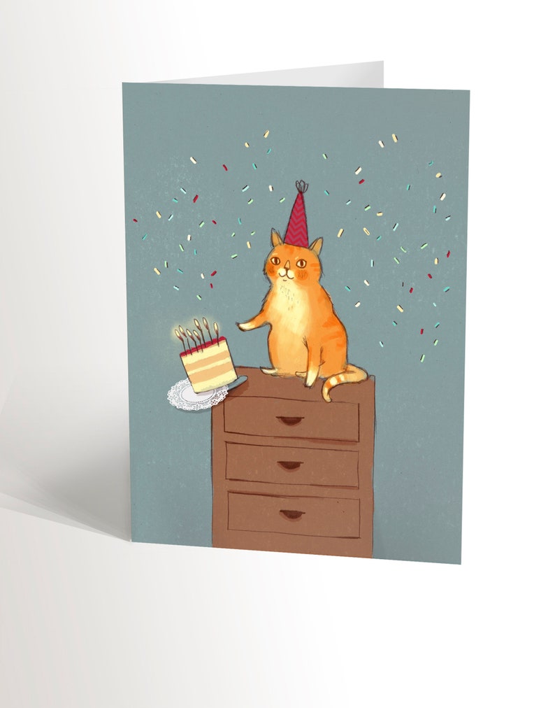 BIRTHDAY CARD with an illustration of a red cat pushing a birthday cake, cute funny card for cat lovers image 1