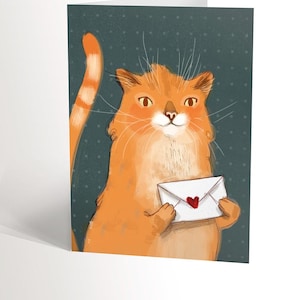 CARTE DE SOUHAIT illustration chat d'un chat roux tenant une lettre avec un coeur entre ses pattes valerie boivin 4,25'' X 5,5''