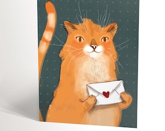 CARTE DE SOUHAIT illustration chat d'un chat roux tenant une lettre avec un coeur entre ses pattes valerie boivin 4,25'' X 5,5''