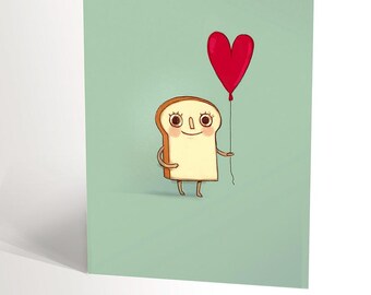 CARTE DE SOUHAIT avec une illustration de toast très heureuse avec son petit ballon rouge, carte d'anniversaire ou prompt rétablissement