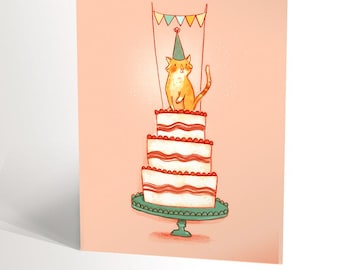 CARTE DE SOUHAIT avec une illustration de chat au sommet d'un gâteau d'anniversaire étagé, carte de fête drôle pour les amoureux des chats