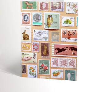 CARTE DE SOUHAIT avec une photographie de timbres internationaux collection de timbres carte de souhaits valerie boivin 4,25'' X 5,5''