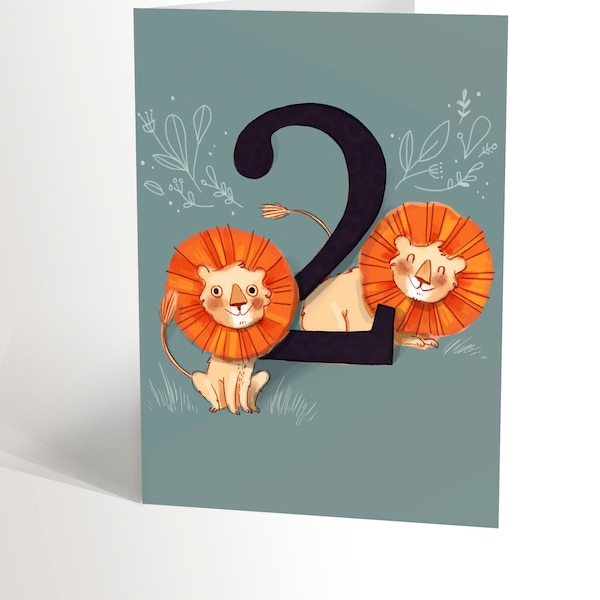 CARTE DE SOUHAIT pour anniversaire fille et garçon de deux ans avec une illustration de deux lions roux