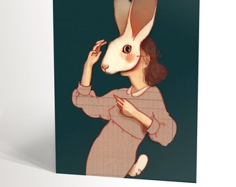 CARD with a vintage illustration of a beige rabbit-headed woman on an enigmatic emerald green background