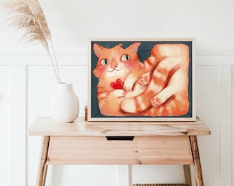 POSTER illustration of a cute red cat in a box holding a little red heart, funny wall art decor 8'' x 10'' and 12'' x 16''