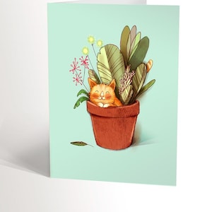 CARTE DE SOUHAIT avec une illustration d'un chat caché dans une plante pour les amoureux des chats et des plantes faite au Québec
