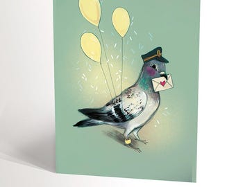 CARTE DE SOUHAIT avec une illustration d'un joli pigeon qui transporte une lettre munie d'un coeur facteur pigeon livreur spécial fête