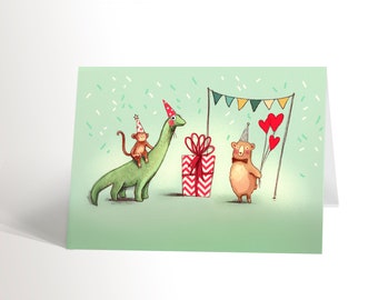 BIRTHDAY CARD for children with an illustration of a dinosaur, a monkey and a bear birthday card for boys and girls 4,25'' X 5,5'