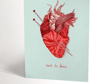 CARTE DE SOUHAIT avec une illustration de coeur tricoté rouge amour