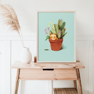 PRINT wall decor illustration of a hidden red cat inside a luxurious plant, two available formats 8'' x 10 and 12'' x 16''