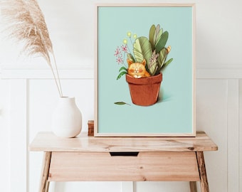 AFFICHE illustration chat roux caché dans une plante aux teintes vertes fond turquoise, deux formats disponibles 8'' x 10'' et 12'' x 16''