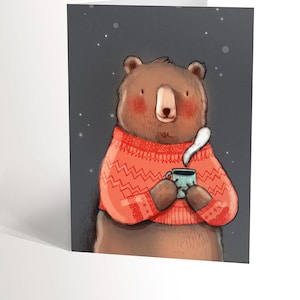 GREETING CARD with an illustration of a cute bear drinking hot coffee in the night with his wool pull, card for knitting addict