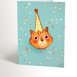 BIRTHDAY CARD with an illustration of a cute red cat with a birthday hat, funny birthday card for cat lovers valerie boivin image 1