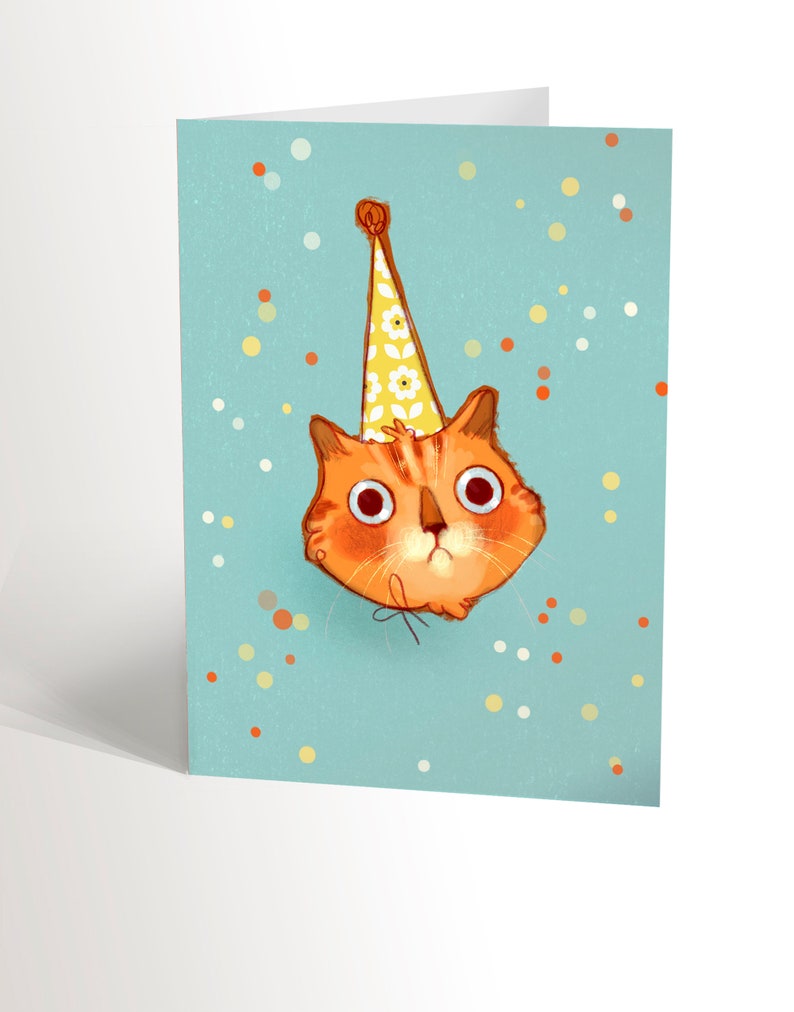 BIRTHDAY CARD with an illustration of a cute red cat with a birthday hat, funny birthday card for cat lovers valerie boivin image 1