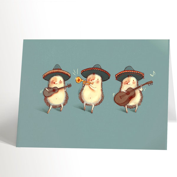 CARTE DE FÊTE avec une illustration de trois hérissons jouant de la musique, carte d'anniversaire drôle avec hérissons mariachis