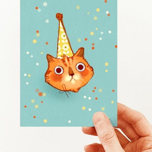 BIRTHDAY CARD with an illustration of a cute red cat with a birthday hat, funny birthday card for cat lovers valerie boivin image 4