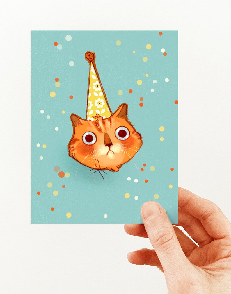 BIRTHDAY CARD with an illustration of a cute red cat with a birthday hat, funny birthday card for cat lovers valerie boivin image 4