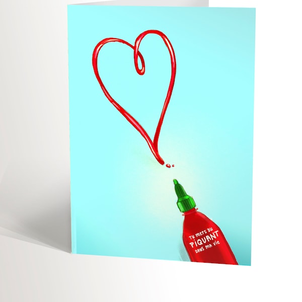 BIRTHDAY CARD with an illustration of a sriracha bottle making a heart, perfect card for boyfriend, lover, foodie addict