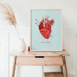 WALL ART illustration of a knitted wool heart for knitting addicts, beautiful decor design pink, red, turquoise, 8'' x 10'' and 12'' x 16'' image 1