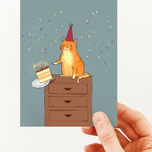 BIRTHDAY CARD with an illustration of a red cat pushing a birthday cake, cute funny card for cat lovers image 4