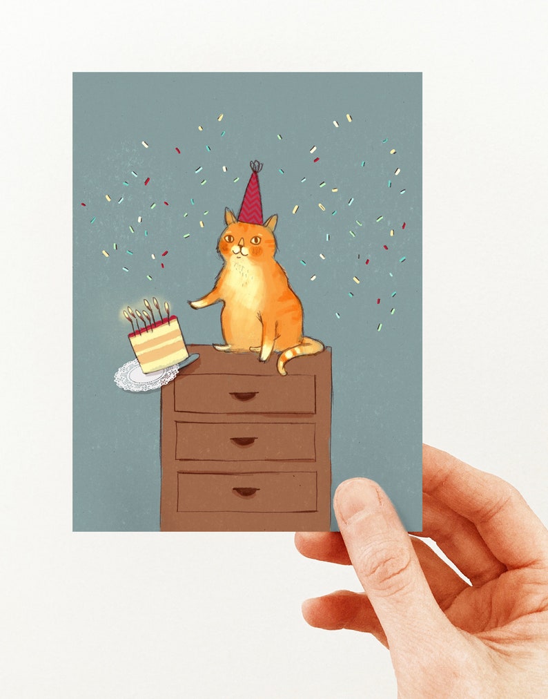 BIRTHDAY CARD with an illustration of a red cat pushing a birthday cake, cute funny card for cat lovers image 4