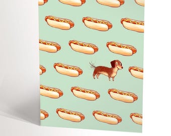 CARTE DE SOUHAIT humoristique avec une illustration de chien saucisse et de hot dog, illustration teckel pour anniversaire