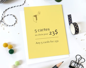 paquet de cartes 5 cartes au choix pour 23 dollars cartes imprimées à Québec sur carton de qualité
