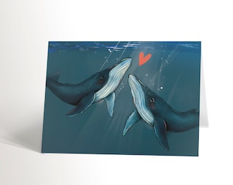 BIRTHDAY CARD with an illustration of 2 blue whales in the ocean with a heart for lovers