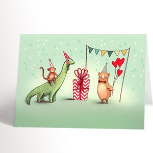 BIRTHDAY CARD for children with an illustration of a dinosaur, a monkey and a bear birthday card for boys and girls 4,25'' X 5,5'